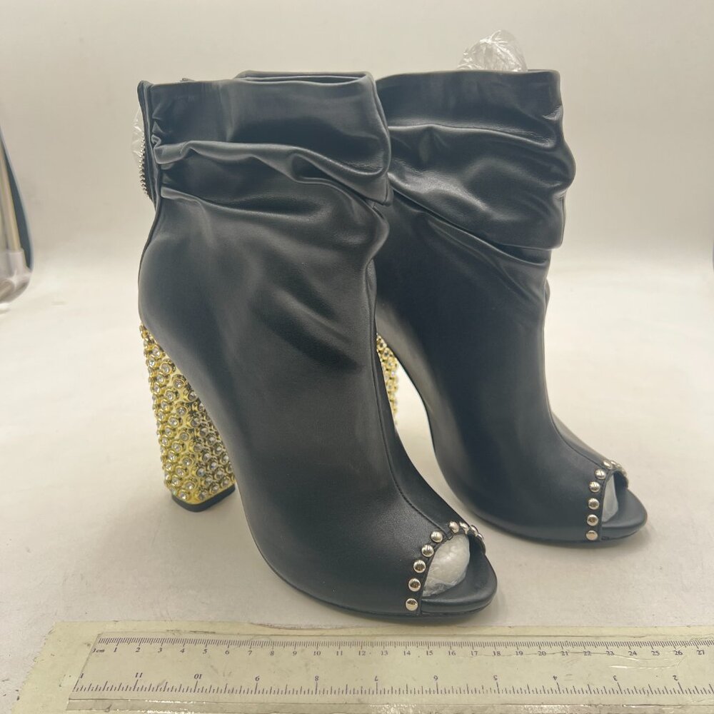 FSJ Black Stylish Peep Toe Slouch Ankle Boots Chunky Stacked Heels Crystal Shoes - Picture 4 of 8